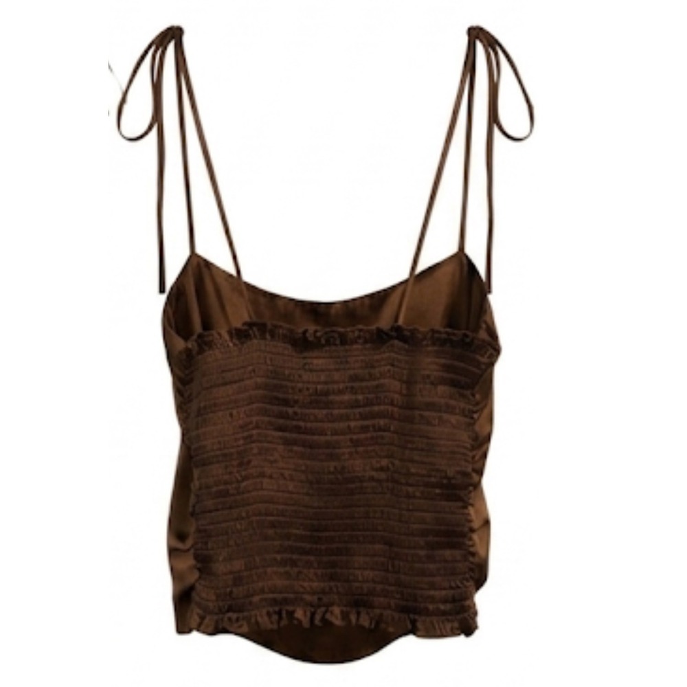 Urban Outfitters Brown Satin Cowl Neck Smocked Tie Strap Cami Top Small S-P‎